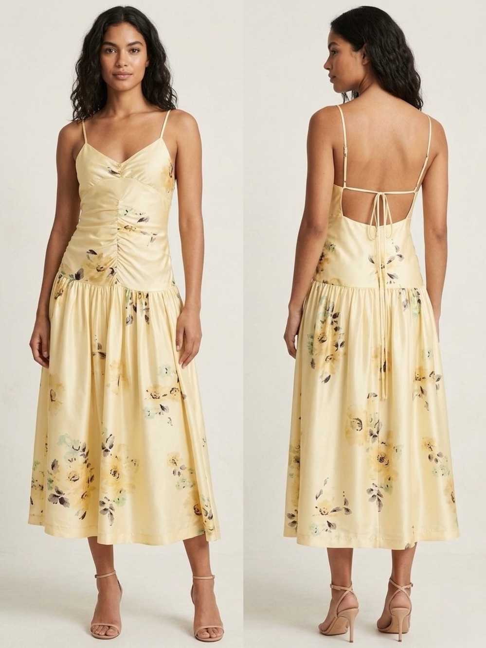 NWT Rebecca Taylor Positano Rose Silk Midi Dress Yellow Pockets 4